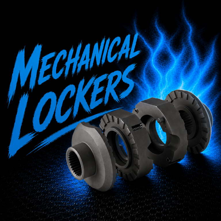 Three mechanical locker parts are displayed in a row on a textured surface, with glowing blue light effects and the bold text “MECHANICAL LOCKERS” in the background.