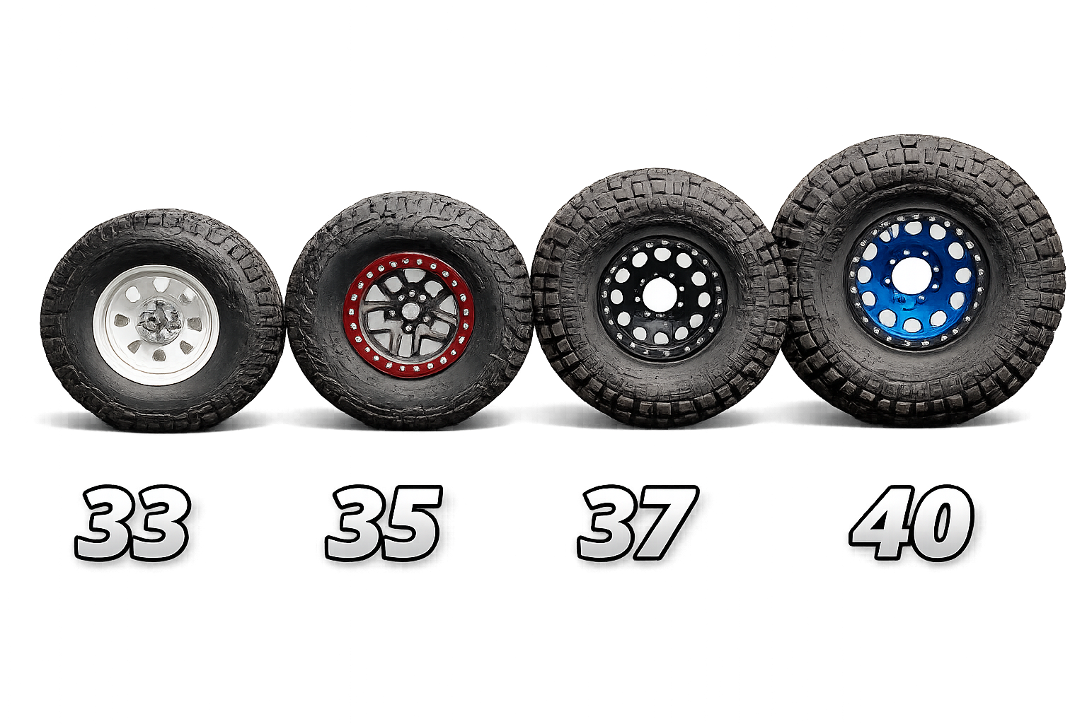 Four off-road tyres of increasing size, labelled 33, 35, 37, and 40, each with a different rim design, lined up side by side on a white background.