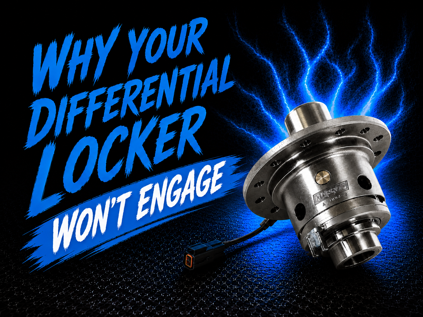 A metallic diff locker with an attached wire is shown on a dark textured background with blue lightning. Bold blue text reads, "Why your differential locker won't engage.