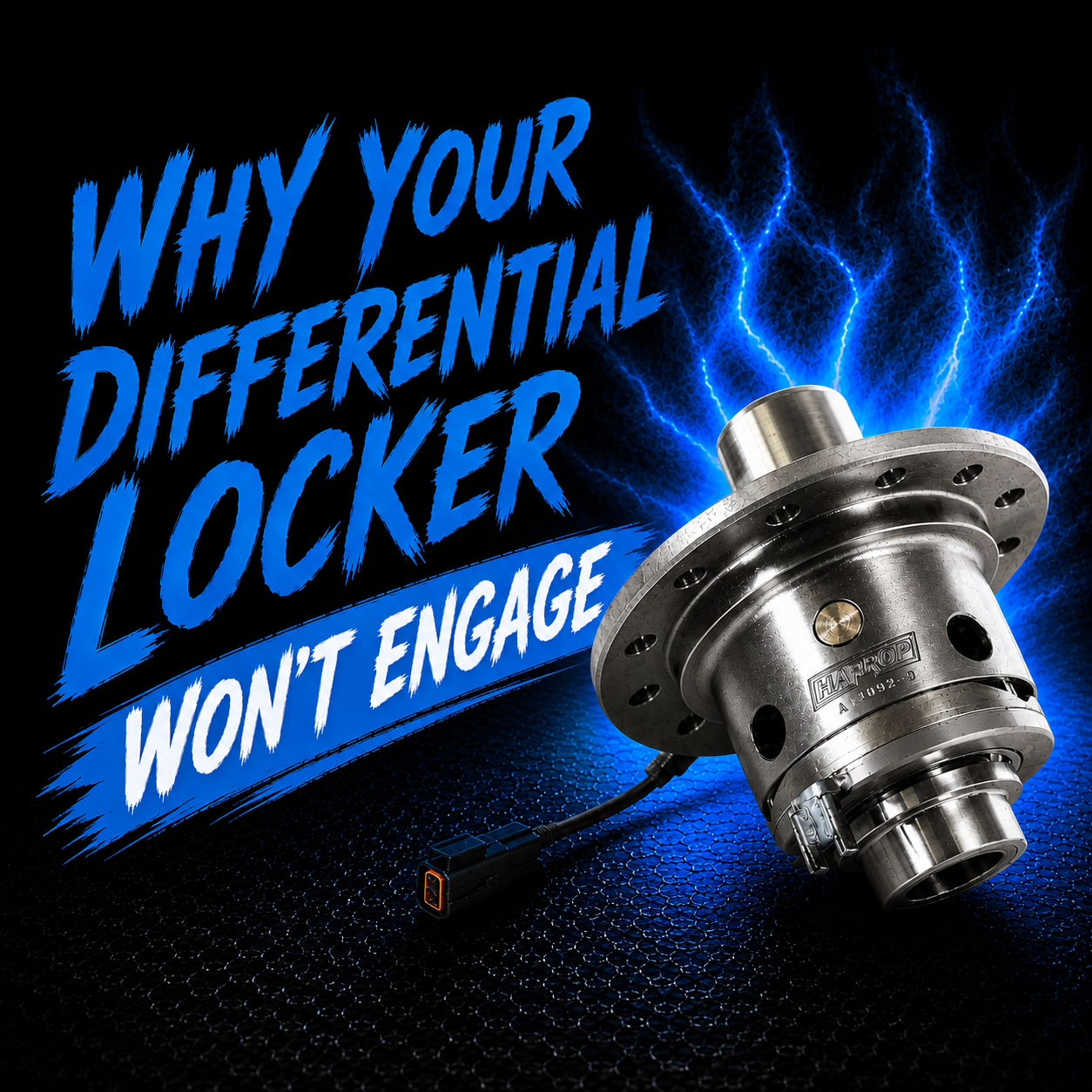 A metallic differential locker with wiring is shown next to bold blue text that reads, "Why your differential locker won't engage," set against a dark background with blue electric streaks.