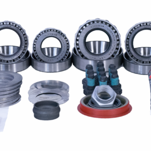 A complete GM 10-Bolt Rear Axle 7.5 - 7.6 Inch Bearing Master Install Kit, featuring bearings, gaskets, bolts, washers, and a tube of gasket maker arranged neatly on a white background—perfect for servicing your differential.