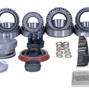 The GM 10-Bolt 8.2 Inch Rear Diff 1964-72 Bearing Master Install Kit, including bearings, seals, gaskets, bolts, washers, a tube of gasket maker, and a packet of gear marking compound, is arranged on a white background.