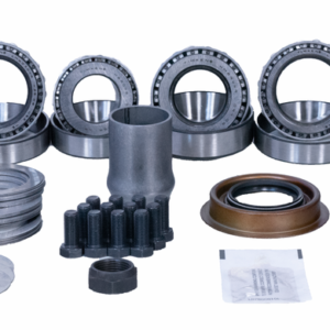Assorted automotive parts from the GM 12-Bolt Car Bearing Master Install Kit—including bearings, bolts, washers, gaskets, grease, and a tube of gasket maker—perfect for servicing GM 12-bolt differentials—arranged neatly on a white background.