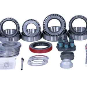 The GM 10-Bolt Rear Diff 8.5 Inch Bearing Master Fitting Kit, featuring bearings, seals, gaskets, bolts, a tube of gasket maker, washers, a nut, and other metal components neatly arranged on a white background.