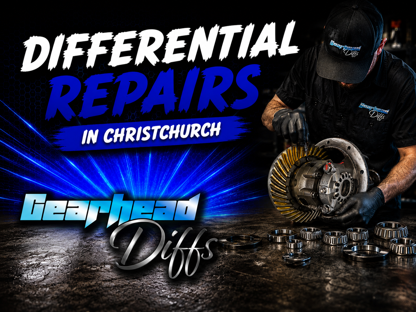 A mechanic works on a differential surrounded by gears. Text reads: "Differential Repairs in Christchurch. Gearhead Diffs." Bright blue and black theme, emphasising automotive repair services.