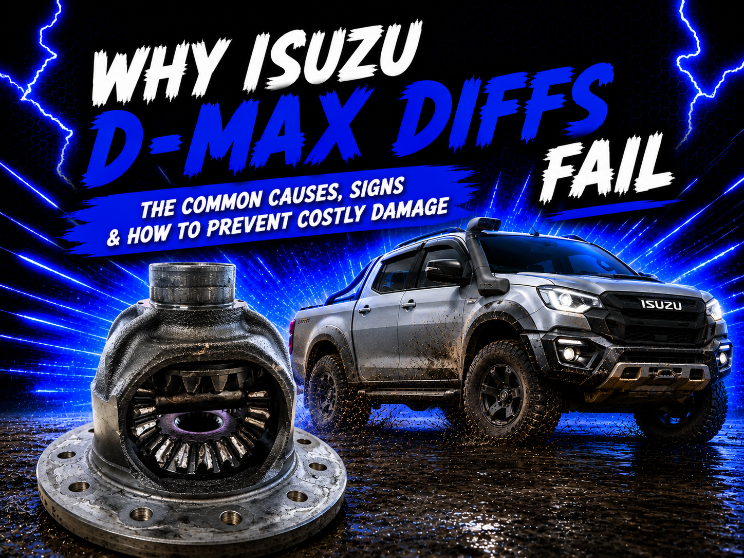 A metallic car differential and an Isuzu D-Max lorry with bold text: "Why Isuzu D-Max diffs fail. The common causes, signs & how to prevent costly damage." Blue lightning and a dirt ground set a dramatic tone.