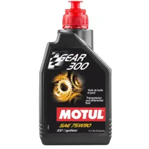 One-litre black bottle of Motul Gear 300 75W90 transmission and differential fluid, featuring a red cap and distinctive Motul Gear branding with a gear graphic on the label.