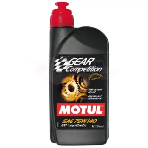 A black bottle of Motul Gear Comp 75W140 1 Litre synthetic gear oil with a red cap. The label displays images of gears, chequered flag graphics, and product details in white, yellow, and orange text.