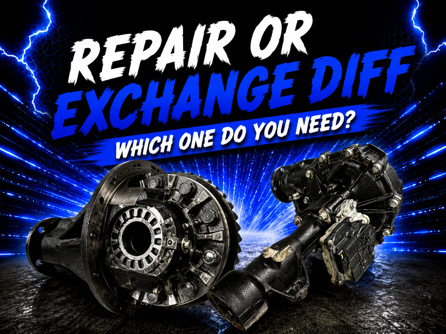 Two automotive differentials are displayed on a textured surface with electric blue streaks. Bold text above reads, "Repair or Exchange Diff, Which one do you need?" in white and blue.