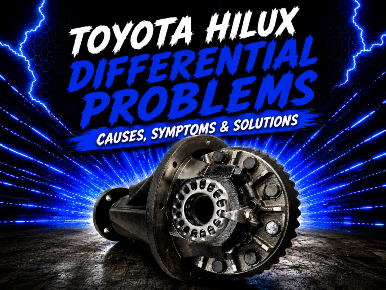 A Toyota Hilux differential part is shown in front of a blue, electric-themed background with the text: "Toyota Hilux Differential Problems: Causes, Symptoms & Solutions.