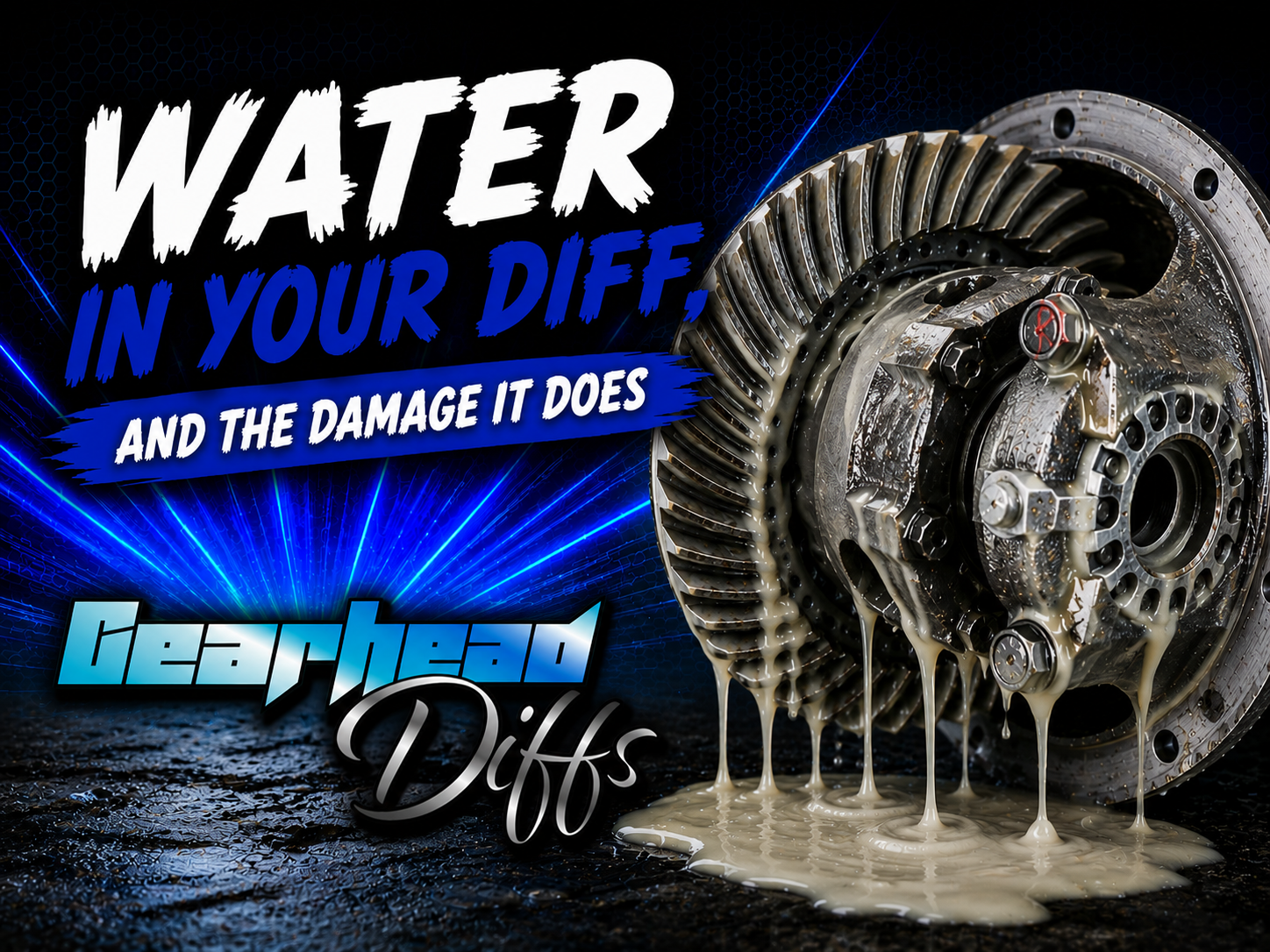 A differential gear is covered in milky fluid, with bold text: “Water in your diff, and the damage it does.” The Gearhead Diffs logo appears at the bottom. Blue light bursts in the background.