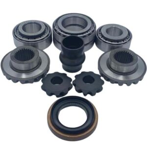 The Isuzu Dmax Rear Diff Carrier Gears & Bearing Kit is arranged on a white background in a semicircle, showcasing clean, industrial gears and bearings with circular and cog-like shapes.