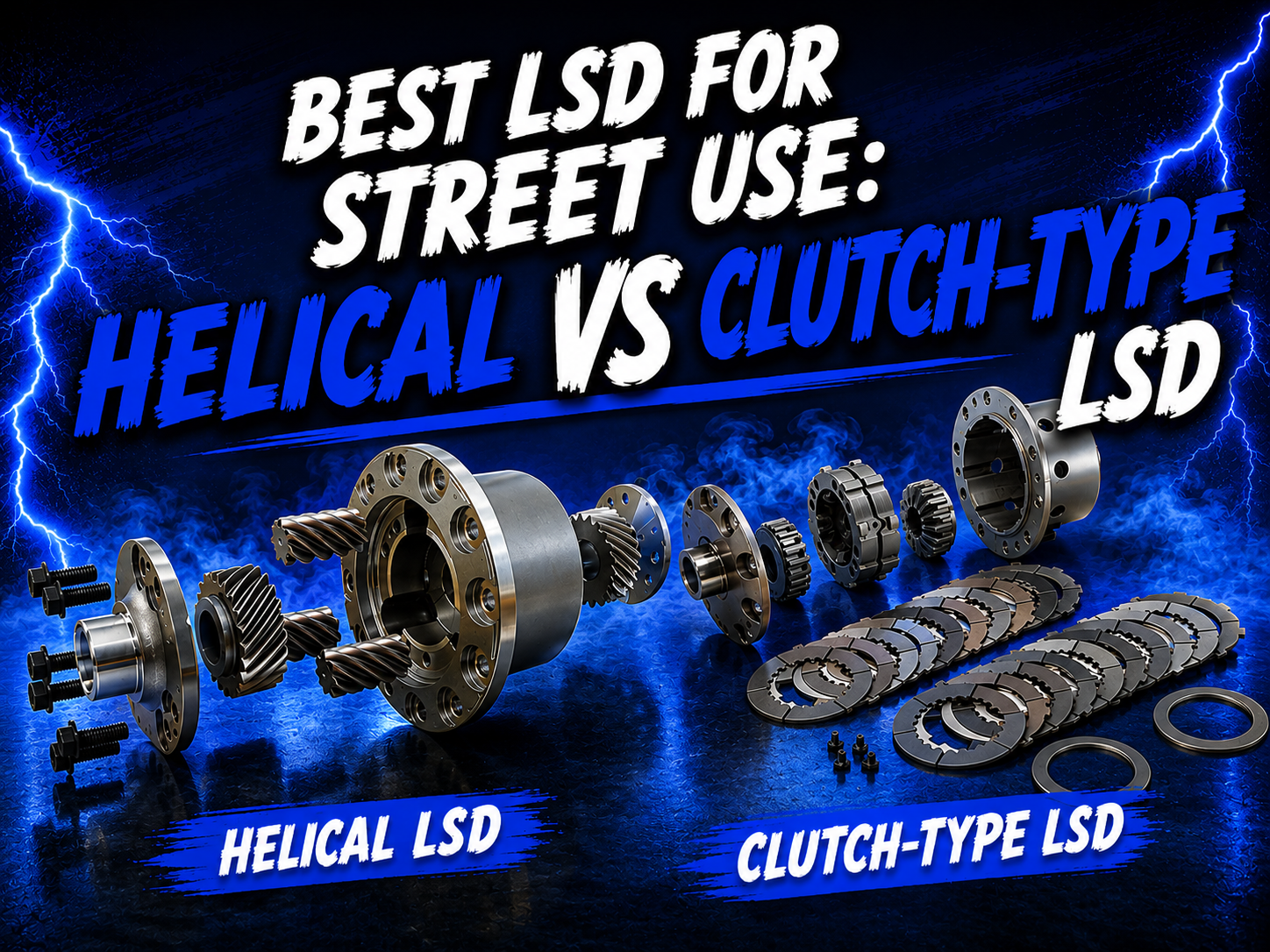Exploded view of helical and clutch-type limited slip differentials, labelled “HELICAL LSD” and “CLUTCH-TYPE LSD,” with bold text comparing both LSD types for road use against a blue, lightning-themed background.