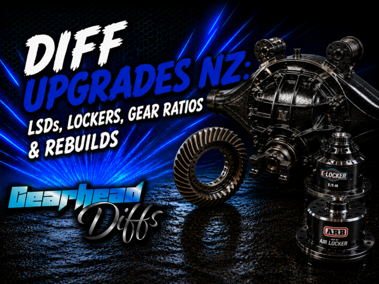car differential parts, blue lighting effects, and text: “Diff Upgrades NZ: LSDs, Lockers, Gear Ratios & Rebuilds.” Logo reads “Gearhead Diffs.” ARB and ELocker differentials are displayed.