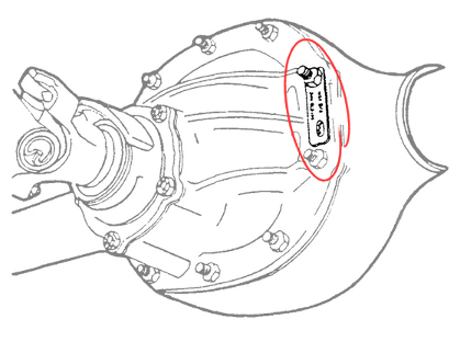 Line drawing of a car differential with a red oval highlighting the area where the identification tag is located on the housing.