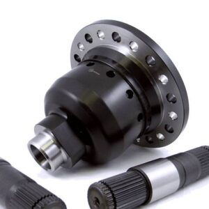 A close-up of a metal automotive differential and two axle shafts on a white background. The parts have a shiny, machined finish, with the differential displaying multiple circular holes around its edge.