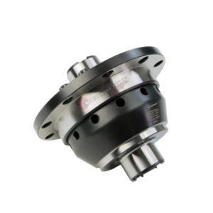 A metal limited slip differential for a car, with a polished finish and “SpeedFactory Racing” logo on the housing, photographed on a white background.