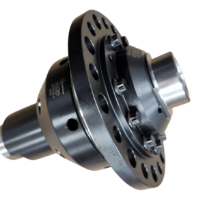 A close-up of a black metal mechanical component with circular holes, bolts, and cylindrical ends, isolated on a white background.