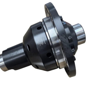 A close-up of a metal automotive limited slip differential with a black and silver finish, featuring multiple bolt holes and smooth machined surfaces, isolated on a white background.