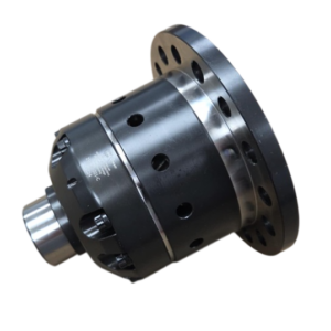 A metal limited slip differential car part with a cylindrical shape, multiple holes, and a flat, circular flange, isolated on a white background.