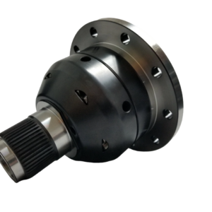 A metallic automotive differential part with a flanged, circular end and a grooved shaft, photographed on a white background.
