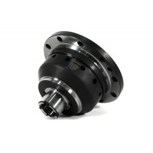 Metal automotive differential part with a black, cylindrical body and flanges featuring multiple holes, shown on a white background.