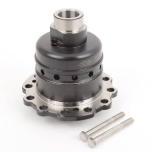 A metal automotive differential part with a round, flanged base and multiple holes, shown next to two silver bolts on a white background.