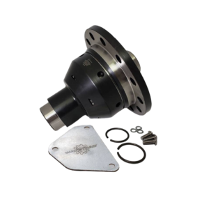 A black and silver automotive differential, a flat metal plate, two circlips, a few small washers, and screws are displayed on a white background.