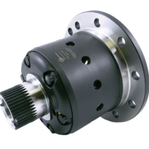 A close-up view of a metal automotive limited slip differential with a black housing, visible gear teeth, bolt holes, and a polished flange, displayed on a plain white background.