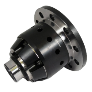 A metal automotive limited slip differential with a black and silver finish, featuring multiple bolt holes and polished surfaces, placed on a plain white background.