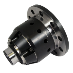 A metal automotive limited slip differential with a black housing and several circular holes, placed on a white background.