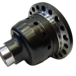 A close-up of a black metal automotive differential with multiple circular holes around the flange and polished chrome surfaces, set against a white background.