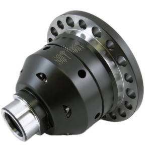A close-up of a metal automotive limited slip differential with multiple holes around the flange edge, black housing, and polished silver components, photographed on a white background.