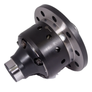 A metal automotive differential with a cylindrical body, holes along the flange, and precision-machined surfaces, placed on a white background.