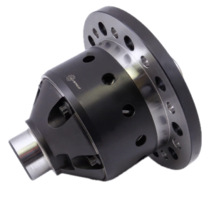 A close-up of a black and silver automotive limited slip differential, shown on a white background, featuring multiple holes and a cylindrical shape.