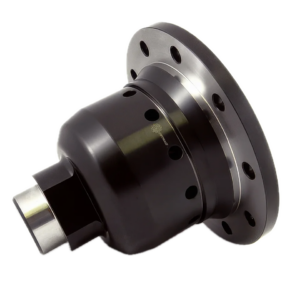 A close-up of a metal automotive differential, featuring a cylindrical body with evenly spaced holes, a flanged end with bolt holes, and a matt black finish.