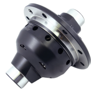 A close-up photo of a mechanical limited-slip differential with a black body and silver metal accents, showing several circular holes and mounting points against a plain white background.