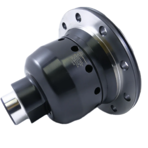 A close-up of a metal automotive limited slip differential, featuring a black cylindrical body with machined holes and a shiny, round flange on one end, against a white background.