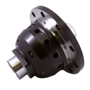 A metallic automotive differential with a dark central housing and silver flanges, featuring multiple holes and machined surfaces, photographed against a plain white background.