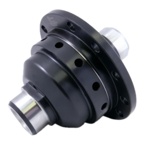 A close-up of a black, cylindrical automotive part with multiple holes and metallic ends, likely a limited-slip differential, isolated on a white background.
