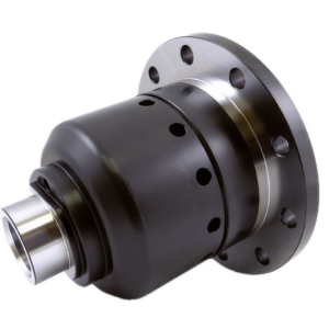 Metal mechanical component with a cylindrical body, multiple circular holes, and a flanged edge with bolt holes. The surface appears smooth and polished with a combination of metallic grey and matte black finishes.