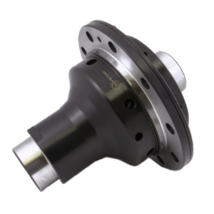 Differential gear component with a black and silver finish, featuring multiple circular holes and a central cylindrical extension, displayed on a plain white background.
