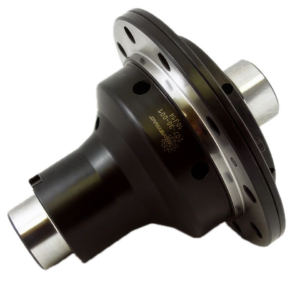 A close-up of a black metal automotive differential with circular flanges, precision-machined surfaces, and engraved text on the housing, isolated on a white background.