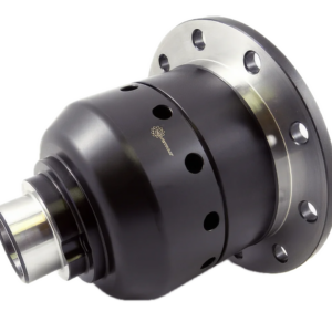 A close-up of a metal automotive limited slip differential, featuring a black cylindrical body with circular holes and a polished flange with multiple bolt holes, set against a plain white background.