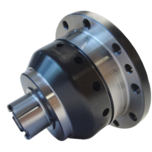A close-up view of a shiny metal mechanical component with multiple holes around its flange, likely an automotive or industrial part, on a white background.