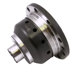 A metal mechanical part with a cylindrical shape, flanges, and multiple holes, viewed at an angle on a white background.