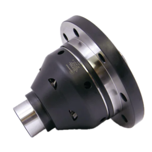 A metal differential casing with a black housing and shiny steel components, featuring bolt holes around the flange and a cylindrical shaft at the end, commonly used in automotive drivetrains.