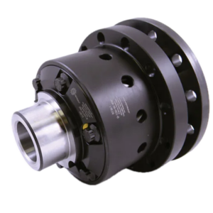 A metal mechanical coupling with multiple bolt holes and a cylindrical shaft, designed for connecting rotating equipment in industrial machinery, is shown on a white background.