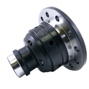 A close-up of a precision-machined metal mechanical part, possibly a spindle or coupling, with flanged edges and multiple holes, shown on a white background.