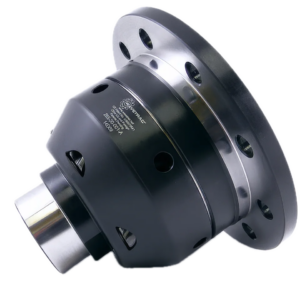 A close-up view of a metallic automotive differential, featuring a black and silver housing with multiple bolt holes around the flange, displayed on a white background.